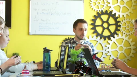Group of students in robotics class at lesson Video stock 140764266