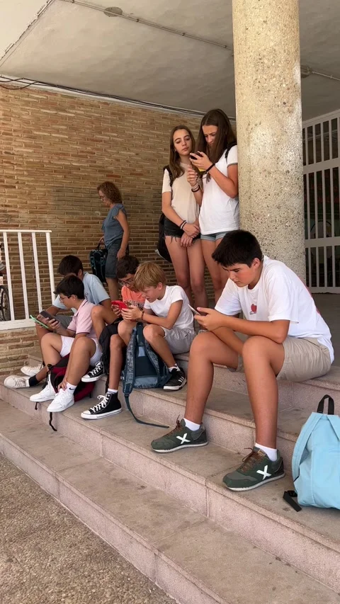 A group of students at the school gate using their cell phones. Stock Footage 248956818