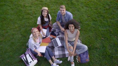 Group of students sitting on the grass, looking at the camera and doing bye bye  Video stock 116418934