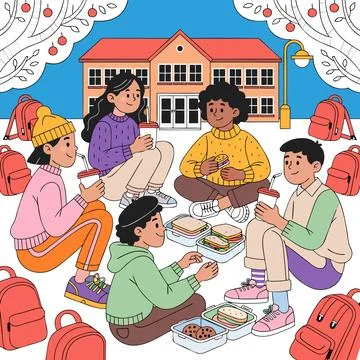 Group of students sitting on ground eating lunch outside school campus Stock Illustration