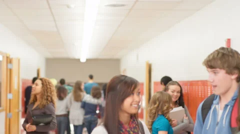 A group of students standing in the hallway talking before class Stock Footage 33891690