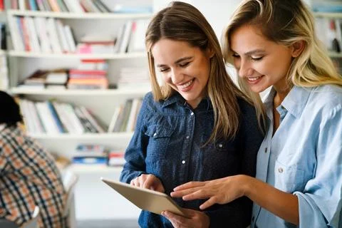 Group of students study at library. Learning and preparing for university exam. Foto stock