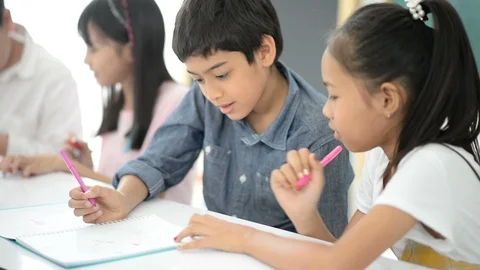 Group of Students study math with teacher in the classroom Stockbeeldmateriaal 105837949