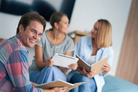 Group of students studying together in the campus Stock Photos