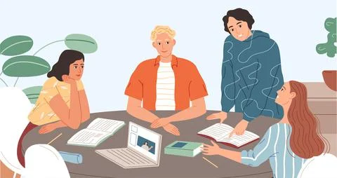 Group of students studying together. Young people sitting at the table and Illustrazione stock
