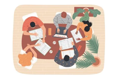 Group of students at the table are studying. Top view. 스톡 일러스트