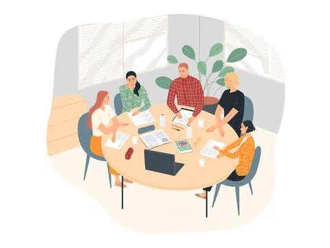 A group of students at the table are studying. Learning English. Stock Illustration