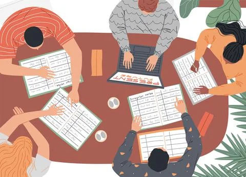 Group of students at the table are studying. Top view. 스톡 일러스트