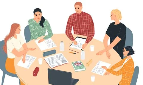 Group of students at the table studying. Learning English. Stock Illustration