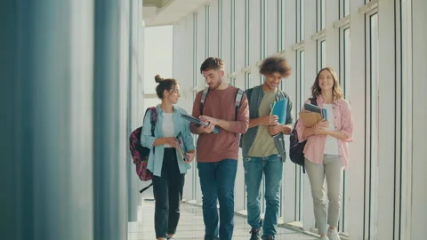 A Group of Students Talking Walking With Books in College Hall. Stock Footage 241347415
