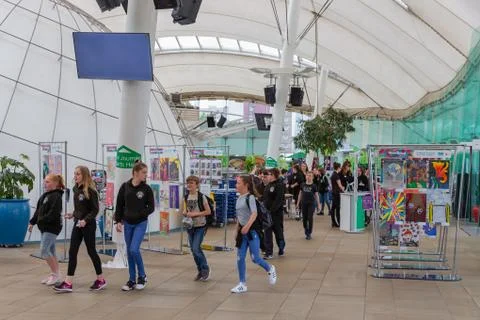 Group of students visiting science museum Dynamic Earth at Edinburgh Stock Photos