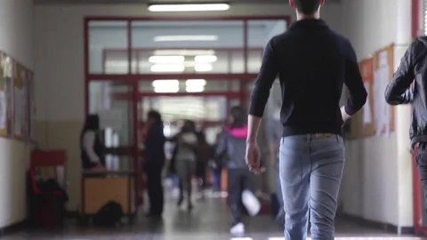 Group students Walking along hallway Stock Footage 70087576