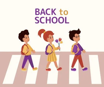 Group of students walking to school on crosswalk. Stock Illustration