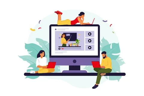 Group of students watching online webinar. Online education concept. Online b Stock Illustration