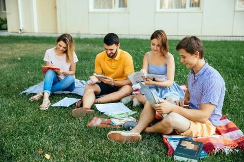 Group of studying students sitting on grass with note books Stock Photos