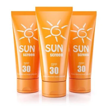 Group of sunblock creams. 3d render Stock Illustration