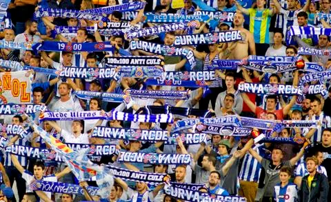 Group of supporters of Espanyol Stock Photos