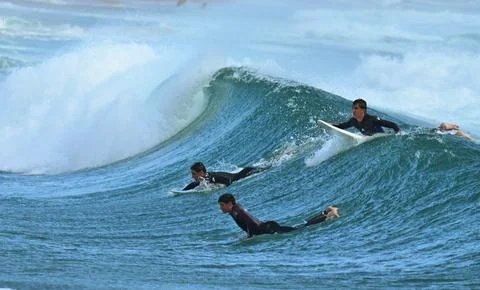 A group of surfers conquer the waves off Ferrol, (12) , 21/08/2025 Stock Photos