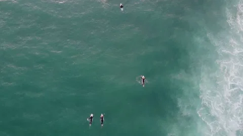 Group of surfers heading to the wave || aerial shot Stock Footage 237680293