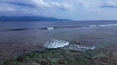 Group surfers surf and paddling clear tropical ocean water. Magic aerial view Stock Footage 343714851