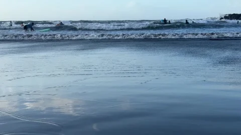 Group of surfers in wetsuits wading into the sea with boards, facing breaking wa Vídeos de archivo 340842140