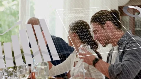Group at table passing wine, clapping, talking, starting data charts sweeping Stock Footage 332956442