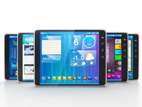 Group of tablet computers on white background frontally. different applicatio Stock Illustration