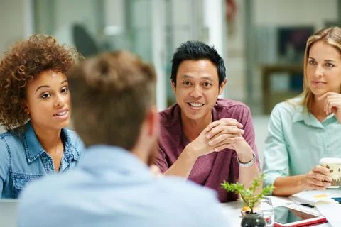 Group, talk and ideas for project, office and planning for campaign, collab.. Stock Photos