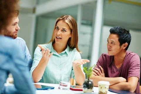 Group, talking and teamwork for project, office and planning for campaign, .. Stock Photos