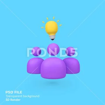 Group team and light bulb inspiration isolated 3d render icon illustration PSD Template