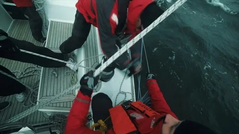 Group team skipper sailing on yacht at regatta Stock Footage 73822089