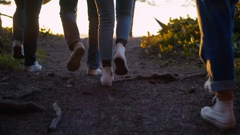 A group of teens walk up a hill in the sunset - lens flares Stock Footage 87533080