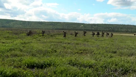 Group of Ten U.S. Soldiers Walking in a Field Stock Footage 130362012