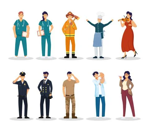 Group of ten workers professions avatars characters Stock Illustration