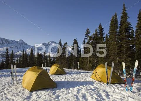 Group Of Tents And Skis, Winter Camp, White Pass Behind, Chilkoot Pass, Chilk