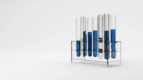 Group of test tube with blue solution sample in laboratory on white backgro.. Fotos de archivo