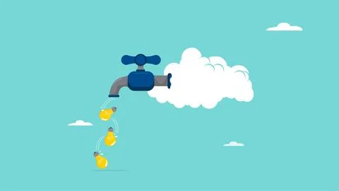 Group thinking bubble with faucet to get lightbulb idea output, creative id.. Stock Illustration