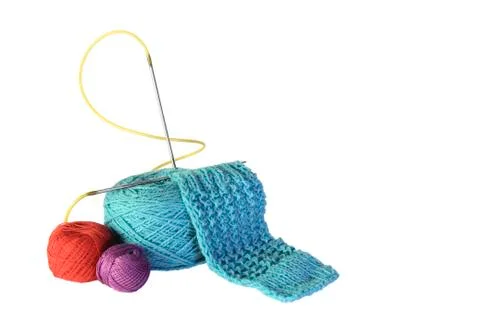 Group of threads and needles for knitting Stockfoto's