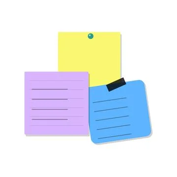 Group of three flat sticky notes, yellow, purple, and blue, with tape and p.. イラスト素材