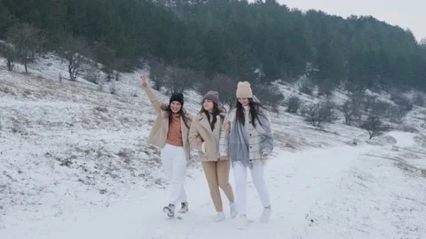 Group of three happy friends having fun and walking together in winter park. Stock Footage 147274372