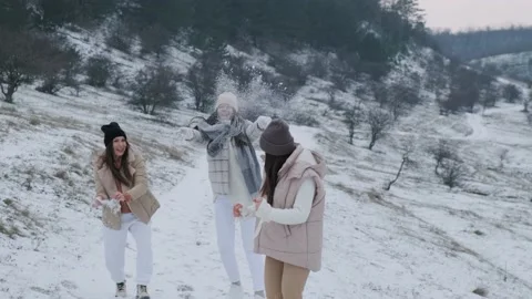 Group of three happy friends having fun and playing with snow in winter park. Stock Footage 147274571