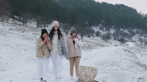 Group of three happy friends having fun and playing together in winter park. Stock Footage 167173979