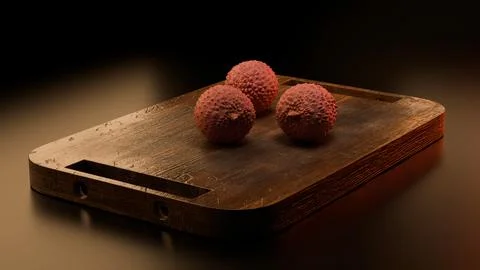 Group of three lychees on rustic wooden tray in studio close-up Stock Illustration