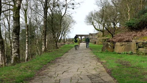 Group of three people walking slowly at Rivington gardens Stock Footage 335933181