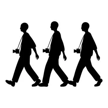 Group of three photographers walking together carrying cameras Stock Illustration