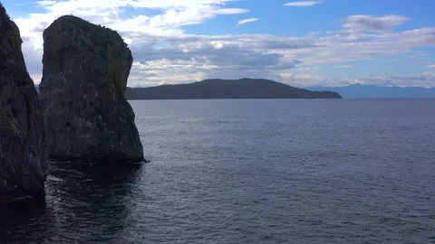 A group of three pillar-like rocks protruding from the water Video stock 142917626