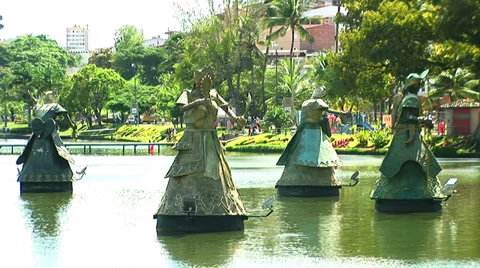 Group of three statues at Dique do Tororo in Salvador, Brazil Stock Footage 28008074