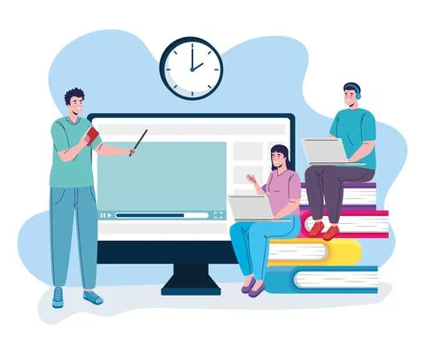 Group of three students characters connecting online education Stock Illustration
