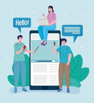 Group of three students connecting online education Stock Illustration