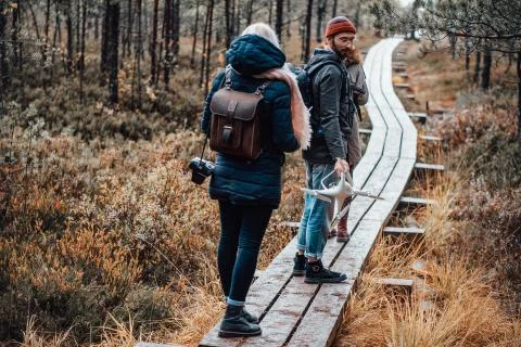 Group of three students going through wooden road in forest 库存照片